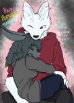 2026 anthro arctic_fox birthday black_bottomwear black_clothing black_nose black_pants bottomwear breasts brown_eyes canid canine carrying_another carrying_partner circle_eyebrows clothed clothing colored denim denim_bottomwear denim_clothing dialogue digital_media_(artwork) duo english_text eye_bags eyebrows eyelashes eyes_closed ezra_(akamaruburningred) female fox fur grey_body grey_clothing grey_fur grey_hair grey_hoodie grey_jacket grey_topwear hair happy_birthday hi_res holding_partner hoodie hug hugging_partner jacket jeans lagomorph leporid lgbt_pride long_ears long_hair looking_at_another looking_at_partner lord_wilhelm_nasseem_(templar_ponyboy) male male/female mammal on_lap one_eye_closed pansexual pansexual_pride_colors pants pink_nose pride_colors rabbit red_clothing red_hoodie red_jacket red_topwear resting_head resting_on_partner romantic romantic_couple simple_background sitting sitting_on_another sitting_on_lap sitting_on_partner templar_ponyboy text tired tired_eyes topwear trans_(lore) trans_woman_(lore) transgender_pride_colors true_fox vampire vampire_rabbit whiskers white_body white_fur