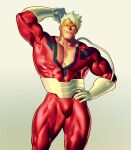  1boy bara boku_no_hero_academia bulge closed_mouth commentary commission covered_abs covered_armpit english_commentary hand_on_own_hip highres jezz_mons_art large_pectorals looking_at_viewer male_focus mask masked muscular muscular_male pectoral_cleavage pectorals second-party_source short_hair simple_background skin_tight solo thick_thighs thighs variant_set veins vlad_king_(boku_no_hero_academia) white_hair 