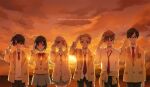  2girls 4boys :p ;p ahoge aldnoah.zero amifumi_inko black_hair black_pantyhose blazer blonde_hair bow bowtie brown_eyes brown_hair calm_craftman cardigan chino_kawashiku closed_eyes clothes_around_waist glasses green_eyes grey_skirt highres jacket jacket_around_waist kaizuka_inaho long_hair loose_necktie matsuribi_kisaki multiple_boys multiple_girls necktie nina_klein ocean one_eye_closed orange_hair outdoors over-rim_eyewear pantyhose pink_scrunchie pleated_skirt purple_eyes red_bow red_bowtie red_eyes salute school_uniform scrunchie semi-rimless_eyewear short_hair skirt sky smile sunset sweater sweater_under_jacket swept_bangs teeth three-finger_salute tongue tongue_out tsumugi_yutaro twintails upper_teeth_only very_short_hair 