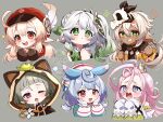  6+girls absurdres ahoge aino_(genshin_impact) animal_ears bare_shoulders black_headband blonde_hair blue_hair blush brown_gloves commentary_request cropped_torso dark-skinned_female dark_skin genshin_impact gloves gradient_hair green_hair grey_background grin hair_between_eyes hair_ornament hand_up hands_up hat headband highres iansan_(genshin_impact) klee_(genshin_impact) leaf leaf_hair_ornament leaf_on_head long_hair long_sleeves melusine_(genshin_impact) multicolored_hair multiple_girls nahida_(genshin_impact) newsboy_cap oishii_sasa one_eye_closed open_mouth pink_hair pointy_ears pom_pom_(clothes) pom_pom_hair_ornament purple_eyes red_eyes red_hat sayu_(genshin_impact) side_ponytail sigewinne_(genshin_impact) sleeveless sleeves_past_fingers sleeves_past_wrists smile tearing_up teeth upper_teeth_only watermark white_hair 