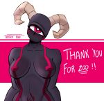 1_eye absurd_res antrofart artist_name big_breasts breasts collarbone colored curled_horn demon demon_humanoid digital_media_(artwork) english_text eyebrows eyelashes female follower_celebration follower_number front_view grey_body half-length_portrait head_horn head_tilt hi_res horn humanoid looking_at_viewer magenta_areola magenta_background magenta_eyes magenta_markings magenta_nipples markings mouni_(antrofart) navel navel_markings nude nude_female nude_humanoid portrait shaded simple_background solo tan_horn text white_background