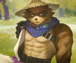  1boy abs absurdres bara commentary cross_scar english_commentary facing_viewer fortnite furry furry_male hajime_(fortnite) hat highres male_focus muscular muscular_male pectorals purple_scarf raccoon_boy scar scar_across_eye scar_on_face scar_on_shoulder scarf smile straw_hat tippy_(typpicle) 