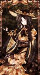  1girl :d absurdres arms_at_sides black_gloves black_hair black_hat black_nails bow bowtie breasts brown_bow brown_bowtie brown_dress brown_eyes commentary dream81059082 dress elbow_gloves fingerless_gloves frilled_dress frilled_hat frills gloves hands_up hat hat_feather highres holding holding_smoking_pipe jeanne_(project_moon) large_breasts limbus_company long_hair looking_at_viewer mosaic_art mosaic_background open_mouth project_moon smile smoking_pipe solo untranslatable_commentary 