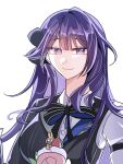  1girl asymmetrical_sleeves black_bow black_vest blunt_bangs bow breasts bright_pupils buttons collared_shirt colored_inner_hair commentary_request food hair_bow highres homu honkai_(series) honkai_impact_3rd korean_commentary large_breasts light_smile long_hair mismatched_sleeves multicolored_hair official_alternate_costume purple_eyes purple_hair raiden_mei raiden_mei_(gratte) s9897907160915 shirt simple_background streaked_hair upper_body vest white_background 