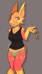 anthro black_clothing black_shirt black_tank_top black_topwear breasts carrot_toy clothed clothing digital_media_(artwork) female fur green_clothing green_panties green_underwear hi_res lagomorph leporid looking_aside mammal mayday..may orange_body orange_fur panties pink_eyes rabbit red_body red_fur sex_toy shirt simple_background smile soda_(mayday..may) solo tail tank_top topwear toy underwear yellow_body yellow_fur