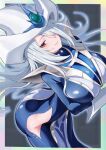  1girl absurdres ass bent_over blue_dress breasts clothing_cutout commentary_request dress duel_monster gloves grey_hair hair_over_one_eye hat highres hip_vent large_breasts long_hair looking_at_viewer obushinpachi red_eyes silent_magician smile thighs white_gloves white_hat wizard_hat yu-gi-oh! 
