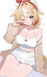  1girl absurdres alternate_breast_size_(larger) animal_ears barefoot blonde_hair bow_hairband breasts brown_cardigan camisole cardigan cleavage crop_top drooling frilled_skirt frills goat_ears goat_girl hair_intakes hairband hand_up highres hololive large_breasts looking_at_viewer midriff miniskirt mouth_drool multicolored_hair navel off_shoulder one_eye_closed open_mouth red_hairband red_streaks short_hair shusuchii simple_background sitting skirt solo streaked_hair suzuna_tsuzuri virtual_youtuber white_background white_camisole white_skirt white_streaks yokozuwari 