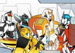 6+boys :o ^_^ absurdres animification beard_stubble blue_eyes blue_pants bumblebee_(transformers) cardigan chinese_commentary closed_eyes closed_mouth commentary_request cover cover_page crossover cryinggyarados facial_hair full_body glasses hands_in_pockets highres indoors jazz_(transformers) male_focus mecha multiple_boys mustache_stubble open_mouth optimus_prime pants pointing project_hail_mary prowl_(transformers) ratchet_(transformers) repairing robot rocky_(project_hail_mary) ryland_grace smile stubble transformers transformers:_prime welding wire yellow_cardigan 