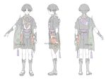  1boy armor arms_at_sides bag black_bodysuit black_shorts black_sleeves blue_eyes blunt_ends bodysuit closed_mouth commentary_request covered_collarbone expressionless facing_away fatui_logo full_body furisode genshin_impact gold gold_trim grey_hair grey_sandals highres japanese_armor japanese_clothes jewelry kimono kote kurokote layered_shorts layered_sleeves looking_at_viewer looking_to_the_side male_focus mandarin_collar mitsudomoe_(shape) multiple_views neck_ring open_hands purple_bag purple_rope purple_sash purple_sleeves red_sash reference_sheet retujyo4go rope sandals sash scaramouche_(genshin_impact) scaramouche_(harbinger)_(genshin_impact) shimenawa short_sleeves shorts simple_background solo standing stirrup_legwear tassel toeless_legwear toes tomoe_(symbol) tsurime turnaround twitter_username white_background white_rope wispy_bangs wolf_cut zouri 