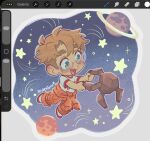  1boy :d alien art_program_in_frame artist_name beard_stubble blonde_hair chibi chibi_only commentary_request english_commentary eridian facial_hair full_body green_eyes highres holding_hands jumpsuit jumpsuit_around_waist looking_at_another male_focus mustache_stubble open_mouth orange_jumpsuit planet procreate_(medium) project_hail_mary rocky_(project_hail_mary) ryland_grace sadelionne shirt shooting_star short_hair short_sleeves smile star_(symbol) stubble thick_eyebrows white_shirt 