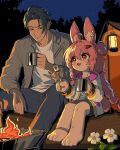  1boy 1girl amida_murasaki animal_ear_fluff animal_ear_piercing animal_ears animal_feet bonfire braid braided_twintails bright_pupils camping commentary_request cup damian_blackwood flower food furry furry_female grey_jacket grey_pants grey_skirt hair_bun hair_ornament hairclip highres holding holding_cup holding_skewer hood hooded_jacket jacket marshmallow night open_clothes open_jacket pants pink_fur pink_hair rabbit_ears rabbit_girl red_eyes roasted_marshmallow shirt sitting_on_log skewer skirt thick_eyebrows twin_braids white_flower white_jacket white_pupils white_shirt zenless_zone_zero zhao_(zenless_zone_zero) 