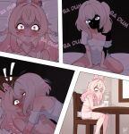  ! !! 2girls absurdres animal_ears blonde_hair blush breasts cup highres kiss marimari_(vtuber) mug multiple_girls on_bed open_mouth phase_connect pink_eyes pink_hair pipkin_pippa rabbit_ears rabbit_girl shirt sleepwear small_breasts thighs trembling veridraws virtual_youtuber white_shirt yuri 