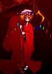  1girl alternate_costume blonde_hair closed_mouth commentary_request crystal_wings flandre_scarlet full_body hat holding holding_umbrella japanese_clothes kimono long_hair long_sleeves looking_ahead looking_at_viewer matsurugi_(maturugi) mob_cap one_side_up pink_hat red_background red_eyes red_kimono sandals smile solo standing touhou umbrella wide_sleeves wings zoom_layer 