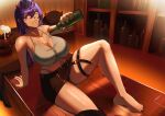  1girl absurdres akireimiki akuma_nihmune akuma_nihmune_(cowgirl) alcohol barefoot beer black_skirt bottle breasts cleavage feet hair_between_eyes highres holding holding_bottle horns indie_virtual_youtuber large_breasts long_hair looking_at_viewer on_table panty_straps purple_hair red_eyes red_horns sitting skirt solo table thick_thighs thigh_strap thighs toes virtual_youtuber 