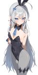  1girl absurdres ahoge animal_ears black_leotard blue_eyes blue_nails blue_necktie blush breasts cleavage commentary detached_collar fake_animal_ears female_tyrant_(stella_sora) gdd_(vkejr702) grey_hair grey_pantyhose highleg highleg_leotard highres leotard long_hair necktie pantyhose playboy_bunny pointy_ears rabbit_ears simple_background small_breasts solo stella_sora tyrant_(stella_sora) untranslatable_commentary very_long_hair white_background 
