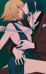  1boy 1girl athrun_zala bare_arms bare_shoulders black_shirt blonde_hair blue_dress blue_hair blue_nails blue_panties breasts cagalli_yula_athha commentary_request couple dress earrings green_eyes gundam gundam_seed hand_on_another's_waist hetero highres jewelry kimi88407604 loose_necktie necktie panties pants red_pants red_vest shirt short_hair sideboob string_of_pearls suit underwear undressing vest white_necktie yellow_eyes 