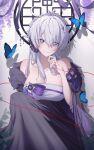  1girl absurdres ahoge bad_source black_dress blue_eyes breasts cleavage diamond-shaped_pupils diamond_(shape) dress highres honkai_(series) honkai_impact_3rd huge_breasts hyume_26 kiana_kaslana kiana_kaslana_(herrscher_of_finality) long_hair looking_at_viewer smile solo symbol-shaped_pupils tiara very_long_hair white_hair 