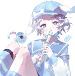  1boy aged_down animal_hat beads blue_eyes blue_hat blue_necktie blue_sailor_collar blue_wings commentary dearstellar detached_wings feet_out_of_frame flute hair_beads hair_ornament hat highres holding holding_flute holding_instrument instrument iro_cloud knees_up long_sleeves looking_at_viewer male_focus mini_wings necktie newsboy_cap official_alternate_costume official_alternate_hairstyle one_side_up playing_instrument pom_pom_(clothes) pom_pom_hair_ornament rabbit_hat recorder sailor_collar shirt short_hair simple_background single_wing sitting skoshism strap_slip tamagotchi tamagotchi_(classic) tamagotchi_(virtual_pet) untranslatable_commentary utaite virtual_pet_(toy) virtual_youtuber white_background white_hair white_shirt wings 