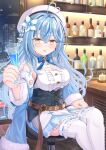  1girl absurdres ahoge alcohol armpit_crease bare_shoulders belt beret blue_coat blue_hair blue_nails blue_skirt bottle braid breasts brown_belt center_frills cleavage cleavage_cutout clothing_cutout coat commentary_request cup elf flower frilled_skirt frilled_thighhighs frills fur_trim hair_flower hair_ornament hat heart heart_ahoge highres holding holding_cup hololive long_hair long_pointy_ears long_sleeves off-shoulder_coat off_shoulder pleated_skirt pointy_ears ribbon-trimmed_thighhighs ribbon_trim shirt siroimoyasi sitting skirt sleeveless sleeveless_shirt thighhighs white_hat white_shirt white_thighhighs yellow_eyes yukihana_lamy yukihana_lamy_(1st_costume) 
