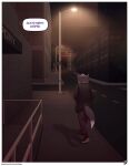 anthro border canid canine casper_(glopossum) city cityscape comic dialogue digital_media_(artwork) english_text fox fur_coat glopossum hand_in_pocket hi_res male mammal night outside patio pockets red_fox silver_fox solo speech_bubble street street_lamp text trans_(lore) trans_man_(lore) true_fox walking white_border