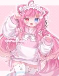  1girl :d ahoge animal_ear_fluff animal_ears aqua_thighhighs artist_logo asymmetrical_legwear blue_eyes blush bow bow_hairband bowtie braid check_commentary commentary_request commission copyright_request detached_sleeves fang frilled_hairband frills hair_ornament hairband hairclip heterochromia highres logo long_hair long_sleeves mismatched_legwear multicolored_sweater multicolored_thighhighs multiple_hairclips neteru open_mouth paw_pose pink_bow pink_hair pink_sailor_collar pink_sweater pink_thighhighs red_eyes sailor_collar simple_background skeb_commission skin_fang sleeveless sleeveless_sweater smile solo striped_clothes striped_thighhighs sweater thighhighs twin_braids two-tone_sweater very_long_hair watermark white_bow white_bowtie white_sweater wing_hair_ornament 
