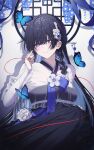  1girl absurdres alternate_costume bad_source black_hair blue_butterfly blue_hair breasts bright_pupils bug butterfly closed_mouth colored_inner_hair hair_ornament hand_up highres honkai_(series) honkai_impact_3rd hyume_26 long_hair looking_at_viewer medium_breasts multicolored_hair purple_eyes raiden_mei smile solo string string_of_fate white_pupils 