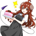  1girl :d ahoge birthday_cake black_dress blush breasts brown_eyes brown_hair brown_horns cake commentary_request cowboy_shot curled_horns demon_girl demon_horns demon_tail dot_nose double-parted_bangs dress fang food fruit hair_between_eyes highres holding holding_food holding_plate horns kotatsu-mazoku long_hair looking_at_viewer machikado_mazoku open_mouth pinafore_dress plate shirt short_sleeves simple_background skin_fang sleeveless sleeveless_dress small_breasts smile solo strawberry tail white_background white_shirt yoshida_yuuko 