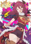  1girl :d ;d anniversary black_dress black_gloves black_shoes breasts cleavage commentary_request copyright_name dragalia_lost dragon dragon_girl dragon_horns dragon_tail dress fang gloves hair_between_eyes heart highres horns large_breasts long_bangs long_hair long_hair_between_eyes looking_at_viewer mini_jupi_(dragalia_lost) mym_(dragalia_lost) one_eye_closed open_mouth orange_eyes red_hair shoes skin_fang smile solo tail takasaka_light v 