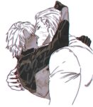  2boys brothers commentary_request dante_(devil_may_cry) devil_may_cry_(series) gge_(gebback_dark) hand_on_another's_head hug incest kiss korean_commentary male_focus multiple_boys pale_skin siblings size_difference tan twincest twins vergil_(devil_may_cry) white_hair yaoi 