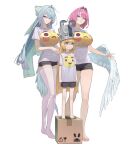  10yearsofvenus 3girls absurdres alternate_costume barefoot black_shorts blonde_hair blue_eyes breasts closed_mouth commentary_request dolphin_shorts emoji_print feathered_wings feet full_body grey_hair grey_hat hair_over_one_eye hat highres korean_commentary large_breasts long_hair looking_at_viewer low_wings medium_hair multiple_girls norma_hollowell pink_hair pointy_ears purple_eyes remielle_dan shako_cap shirt short_sleeves shorts simple_background small_breasts smile stool thighhighs thighs toes velina_airgid very_long_hair white_background white_shirt white_thighhighs white_wings wings zenless_zone_zero 