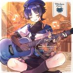  1boy alternate_costume beret black_gloves black_hair black_shirt black_shorts black_socks blunt_ends blush bookshelf closed_eyes commentary_request covered_collarbone cropped_jacket elbow_gloves facing_down fishnet_top fishnets genshin_impact gloves guitar gurumin_(gurruguru) hat holding holding_guitar holding_instrument hoyofair idol indian_style indoors instrument jacket male_focus musical_note open_mouth parted_bangs partially_fingerless_gloves plant playing_guitar playing_instrument portrait_(object) poster_(object) potted_plant purple_hat scaramouche_(cat)_(genshin_impact) scaramouche_(genshin_impact) shirt short_sleeves shorts sitting smile socks solo turtleneck turtleneck_shirt undershirt wanderer_(genshin_impact) wanderer_(truth_&amp;_justice)_(genshin_impact) watermark white_jacket white_mouth white_sleeves 