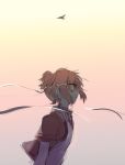  1girl bird bone_hair_ornament custom_(cus-tom) gradient_sky hair_ornament hair_ribbon long_ribbon red_hair ribbon shakunetsu_no_takkyuu_musume shirt short_sleeves sky sunset tsumujikaze_koyori white_ribbon 