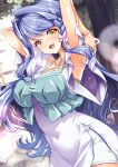  1girl antenna_hair aqua_camisole armpits blue_hair blush braid breasts butterfly_hair_ornament camisole camisole_over_clothes commentary_request day dress hair_intakes hair_ornament hamuhamu howa_kurea howa_kurea_(civilian) large_breasts long_hair looking_at_viewer meitantei_precure! open_mouth outdoors precure purple_eyes road shirt single_braided_sidelock smile street tree yellow_eyes 