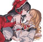  2girls absurdres after_kiss amatukimahoro apron black_skirt black_vest blonde_hair blush bow braid brown_hair chest_sarashi commentary_request detached_sleeves eye_contact frilled_bow frilled_hair_tubes frills girl_on_top hair_bow hair_tubes hakurei_reimu highres kirisame_marisa long_hair long_sleeves looking_at_another lying missing_headwear multiple_girls on_back open_mouth red_bow red_eyes red_skirt ribbon-trimmed_sleeves ribbon_trim saliva saliva_trail sarashi side_braid simple_background single_braid skirt skirt_set smile touhou vest waist_apron white_apron white_background white_bow yellow_eyes yuri 