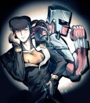  1boy 1other blue_eyes blue_hair buttons clenched_hand colored_skin commentary crazy_diamond diamond_wa_kudakenai gakuran hand_on_own_hip heart heart-shaped_pupils higashikata_josuke jojo_no_kimyou_na_bouken long_sleeves looking_at_viewer male_focus nipple_zipper peace_symbol pink_skin pompadour school_uniform shirt shoulder_spikes solo spikes spotlight stand_(jojo) standing symbol-shaped_pupils tube yellow_shirt yx_1l 