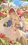  1girl absurdres apple arm_tattoo artrobatic barn belt blonde_hair blue_eyes blue_overalls blue_sky blush boots braid breasts brown_boots cat chikorita closed_mouth cloud cow cowboy_hat denim denim_overalls farm farmer food freckles fruit gloves hat highres kitt_(pokemon) large_breasts long_hair mareep maushold maushold_(family_of_three) miltank mouse_(animal) outdoors overall_shorts overalls pokemon pokemon_champions red_belt red_hat sheep silo sky smile sprigatito tattoo twin_braids wheelbarrow white_gloves windmill 