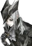  1girl black_jacket bloodborne collar commentary_request cup exhausted from_side gloves goth_fashion green_eyes half-closed_eyes hat highres holding holding_cup jacket lady_maria_of_the_astral_clocktower long_hair pale_skin parted_bangs ponytail simple_background tricorne user_wkkn2435 white_hair 