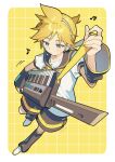  1boy aqua_eyes arm_up black_sailor_collar black_shorts blonde_hair border closed_mouth commentary detached_sleeves dutch_angle full_body grid_background headphones holding holding_strap instrument kagamine_len keyboard_(instrument) keytar leg_warmers looking_down male_focus musical_note nail_polish neckerchief ponytail sailor_collar shirt shoes short_hair short_ponytail short_sleeves shorts sinaooo solo standing untranslatable_commentary very_short_hair vocaloid white_border white_shirt white_shoes yellow_background yellow_nails yellow_neckerchief 