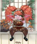 absurd_res beverage big_breasts big_hair bottomwear breasts brown_bottomwear brown_clothing brown_gloves brown_handwear brown_legwear brown_pantyhose brown_skirt brown_topwear cafe_cuties_poppy_(lol) clothed clothing dialogue eyelashes female footwear front_view fur gloves green_clothing green_eyes green_footwear green_shoes hair handwear hi_res holding_beverage holding_object humanoid humanoid_pointy_ears league_of_legends legwear nightlydayart orange_hair pantyhose pigtails pink_body pink_fur pointy_ears poppy_(lol) riot_games shoes shortstack sitting skirt solo tencent text thick_thighs topwear wide_hips yordle