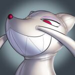 1:1 ambiguous_gender animate_inanimate anthro big_whiskers bust_portrait clothing eyeshadow generation_5_pokemon glistening glistening_body grey_background icon inflatable latex latex_body latex_clothing latex_skinsuit living_inflatable living_latex low_res makeup mienshao nintendo permanent_smile pokemon pokemon_(species) portrait posexe pupils purple_eyeshadow red_nose red_pupils seam_(sewing) shaded sharp_teeth simple_background skinsuit smile smug_grin soft_shading solo teeth three-quarter_portrait tight_clothing whiskers