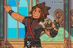  1boy alternate_eye_color alternate_skin_color arm_up armor artist_name bad_id bad_tumblr_id black_shirt brown_eyes brown_hair brown_pants curtained_hair dark-skinned_male dark_skin darkened_skin dated day hands_up indoors kingdom_hearts kingdom_hearts_birth_by_sleep looking_up male_focus medium_hair open_mouth pants parody parted_bangs pixel_art remight shirt shoulder_armor shoulder_strap smile solo spiked_hair stretching style_parody teeth terra_(kingdom_hearts) the_legend_of_zelda the_legend_of_zelda_(cd-i) tight_clothes tight_shirt toned toned_male upper_body upper_teeth_only wristband 