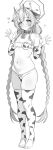  1girl absurdres animal_ears animal_print bell bikini blue_archive braid breasts chise_(blue_archive) commentary_request cow_ears cow_print cow_print_bikini cow_print_gloves cow_print_panties cow_print_thighhighs demon_horns fake_animal_ears fake_horns full_body gloves greyscale halo highres horns hururu_game long_hair monochrome neck_bell print_bikini print_gloves print_thighhighs ribs small_breasts solo swimsuit thighhighs twin_braids very_long_hair 