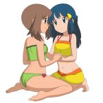  2girls ass bikini bikini_skirt blue_eyes blue_hair breasts brown_hair commentary dawn_(pokemon) english_commentary eye_contact flat_chest green_bikini heart holding_hands interlocked_fingers kneeling long_hair looking_at_another may_(pokemon) multiple_girls navel pokemon pokemon_(anime) pokemon_the_series:_diamond_and_pearl pokemon_the_series:_ruby_and_sapphire short_hair sitting small_breasts smile swimsuit the-sakura-samurai wariza yellow_bikini yuri 