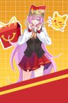  1girl :p ;p absurdres bag_over_head black_vest blue_eyes breasts commentary elf elysia_(honkai_impact) food french_fries highres holding holding_food honkai_(series) honkai_impact_3rd large_breasts long_hair looking_at_viewer mcdonald's neckerchief one_eye_closed pink_hair pointy_ears red_skirt shirt skirt solo thighs tlnoel tongue tongue_out very_long_hair vest white_shirt yellow_background yellow_neckerchief 