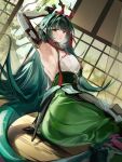  1girl arknights arknights:_endfield arm_support armpits ass breasts chinese_commentary commentary_request dragon_girl dragon_horns dragon_tail eastern_dragon_horns eastern_dragon_tail green_eyes green_hair green_pants highres horns indoors large_breasts long_hair looking_at_viewer pants pointy_ears presenting_own_armpit red_horns solo tail yeye_404122 zhuang_fangyi_(arknights) 