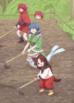  3girls :d ^_^ animal_ear_fluff animal_ears black_boots black_shirt blue_hair boots bow brooch brown_eyes brown_hair cloak closed_eyes commentary_request disembodied_head dress drill_hair drill_sidelocks fins floating_head frilled_kimono frilled_sleeves frills full_body grass_root_youkai_network green_kimono hair_bow head_fins highres hoe holding_hoe imaizumi_kagerou japanese_clothes jewelry kimono long_hair long_sleeves looking_at_viewer merfolk merfolk_out_of_environment mermaid monster_girl multiple_girls multiple_heads obi obijime open_mouth outdoors poronegi purple_bow purple_sash red_cloak red_eyes red_hair ribbon-trimmed_bow ribbon_trim rubber_boots sash sekibanki shirt short_hair sidelocks smile tail touhou wakasagihime white_dress wide_sleeves wolf_ears wolf_girl wolf_tail yellow_boots 