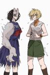  2girls absurdres black_serafuku blonde_hair breasts fox_hinako fox_mask freckles heather_mason highres jacket looking_at_viewer mask miniskirt monster_arm multiple_girls school_uniform serafuku shimizu_hinako short_hair silent_hill_(series) silent_hill_3 silent_hill_f skirt sleeveless spoilers torn_sleeve vest wristband zu_37298 