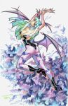  1girl absurdres animal_print arms_up art_of_ellery artist_collaboration bat_(animal) bat_print bat_wings black_boots black_leotard boots breasts bridal_gauntlets cleavage closed_mouth commentary darkstalkers demon_girl english_commentary full_body fur-trimmed_leotard fur_trim green_eyes green_hair head_tilt head_wings high_heel_boots high_heels highleg highleg_leotard highres hydeespino large_breasts leotard looking_at_viewer marker_(medium) morrigan_aensland pantyhose print_pantyhose purple_pantyhose purple_wings scan signature solo traditional_media wings 