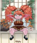 absurd_res big_breasts big_hair bottomwear breasts brown_bottomwear brown_clothing brown_skirt brown_topwear cafe_cuties_poppy_(lol) clothed clothing dialogue eyelashes female footwear front_view fur green_clothing green_eyes green_footwear green_shoes hair hi_res humanoid humanoid_pointy_ears league_of_legends nightlydayart orange_hair pigtails pink_body pink_fur pointy_ears poppy_(lol) riot_games shoes shortstack sitting skirt solo tencent text thick_thighs topwear wide_hips yordle