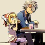  1boy 1girl beard_stubble black_pants blonde_hair blue_eyes blue_shirt braid child closed_mouth commentary_request cup eating facial_hair food grey_eyes grey_hair hair_between_eyes hair_over_one_eye headscarf holding holding_cup holding_food holding_sandwich kamosiro350 low_ponytail medic_(sekaiju_4) medic_1_(sekaiju_4) one_eye_covered pants pantyhose ponytail puffy_short_sleeves puffy_sleeves red_headscarf red_skirt sandwich sekaiju_no_meikyuu sekaiju_no_meikyuu_4 shirt short_sleeves sitting skirt smile stubble swordsman_(sekaiju_4) swordsman_4_(sekaiju_4) twin_braids white_pantyhose 